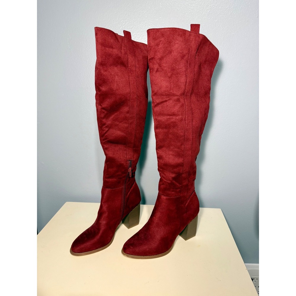 Womens Red Faux Suede Over The Knee Boots Block Heel Side Zip Fashion